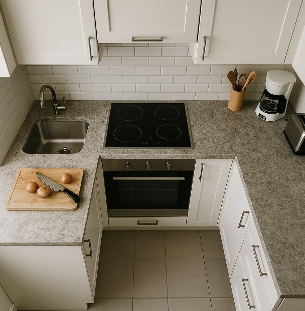Moderne, kleine U-förmige Küche mit weißer Möblierung und grauer Naturstein-Arbeitsplatte, von oben fotografiert; ausgestattet mit Induktionskochfeld, Spüle, Backofen, Toaster, Kaffeemaschine und Schneidebrett mit Zwiebeln und Messer.