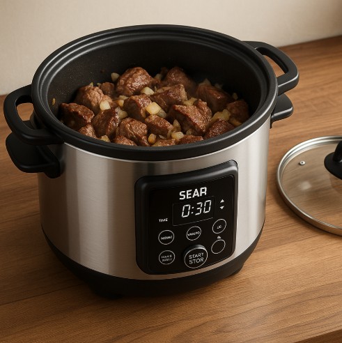 Ein Slow Cooker steht auf einer Küchenarbeitsplatte, darin Gulasch