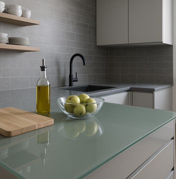 Eine moderne Küche mit einer Glasarbeitsplatte zu sehen. Die Perspektive zeigt die Fläche von oben, sodass die glatte, leicht grünlich schimmernde Glasoberfläche besonders betont wird. Darauf stehen eine Glas-Schale mit grünen Äpfeln, ein Schneidebrett aus Holz und eine Flasche Olivenöl. Im Hintergrund erkennt man eine Spüle mit schwarzer Armatur, graue Wandfliesen und helle, grifflose Küchenmöbel – das Gesamtbild wirkt puristisch, elegant und sehr hygienisch.