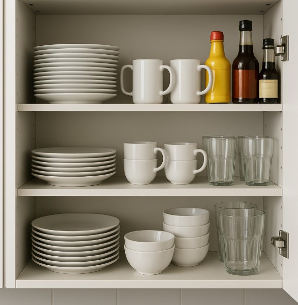 Ein Hängeschrank in der Küche, geöffnet. Darin Teller, Tassen, Gläser und 3 Soßenflaschen