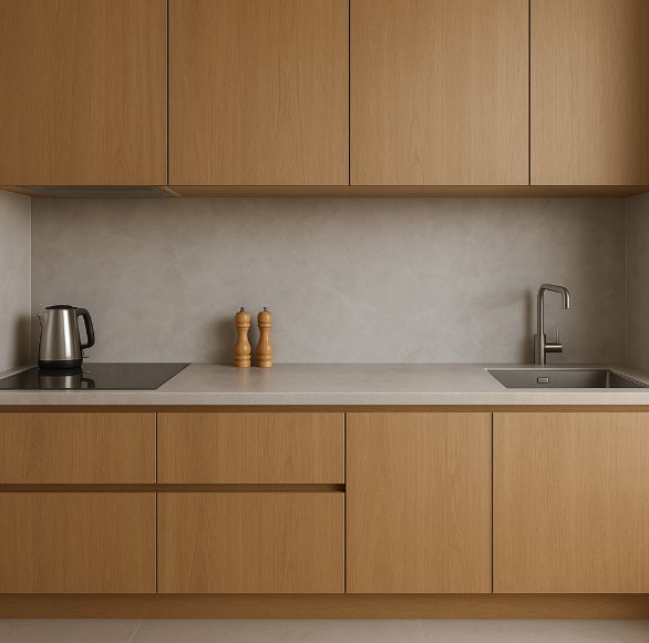 eine moderne Küche mit klaren Linien und großformatigen Wandverkleidungen. Anstelle der früher typischen kleinen Mosaikfliesen dominieren glatte, fugenarme Flächen aus Stein, Keramik oder Glas. Die Farbgestaltung ist hell und ruhig – meist in Weiß-, Grau- oder Beigetönen – und wird von sanftem, natürlichem Licht ergänzt. Die Arbeitsplatte wirkt großzügig, die Fronten sind schlicht und grifflos