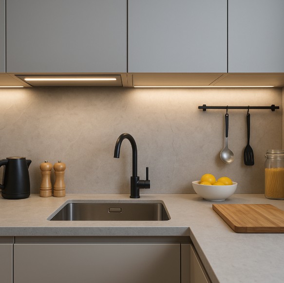 Auf dem Bild ist eine moderne Küche zu sehen, in der die Beleuchtung klar im Mittelpunkt steht. Unter den Hängeschränken verlaufen flache, dezente Unterbauleuchten, die die Arbeitsfläche gleichmäßig ausleuchten. Die Küche ist in hellen, neutralen Tönen gehalten – Weiß, Grau und Holzoptik dominieren. Edelstahlgeräte und eine aufgeräumte Arbeitsfläche betonen den funktionalen, aber eleganten Charakter des Raums. Das Licht wirkt hell, natürlich und sorgt für eine warme, einladende Atmosphäre.