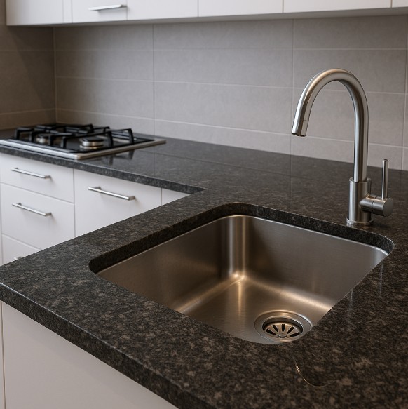 eine moderne, stilvoll eingerichtete Küche mit Arbeitsplatten aus poliertem Granit. Die Oberfläche wirkt massiv und elegant, mit feinen Maserungen und leicht glänzender Struktur. Unterbauleuchten betonen den Stein und lassen die natürliche Textur besonders realistisch erscheinen. Helle Fronten und Edelstahl-Elemente sorgen für Kontrast, während die warme Beleuchtung dem Raum eine wohnliche Atmosphäre verleiht