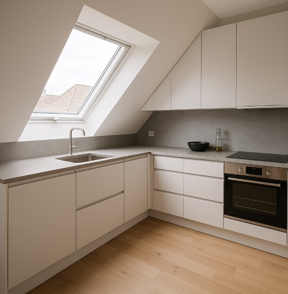 Das Bild zeigt eine moderne Küche, die unter einer Dachschräge eingebaut wurde.
