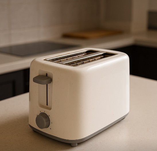 Ein cremefarbenen Toaster steht auf einer Küchenarbeitsplatte