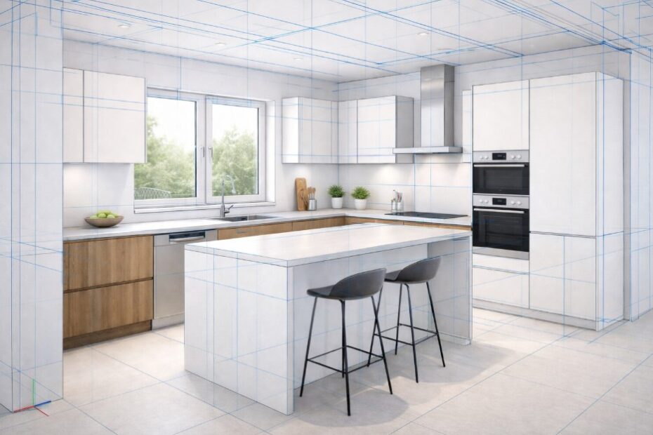 Küche im 3D-Modell mit Drahtgitterlinien